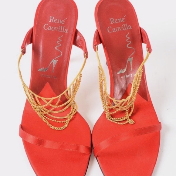 Rene Caovilla Red and Gold Chain Heels - Picture 2 of 8